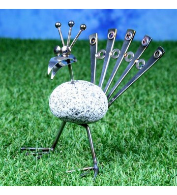 Steintier Pfau ca. 20cm hoch aus Granit und Edelstahl 