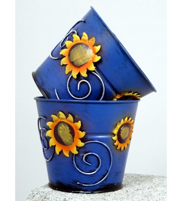 Blumenübertopf aus Metall blau mit Sonnenblumen ca. 11cm hoch