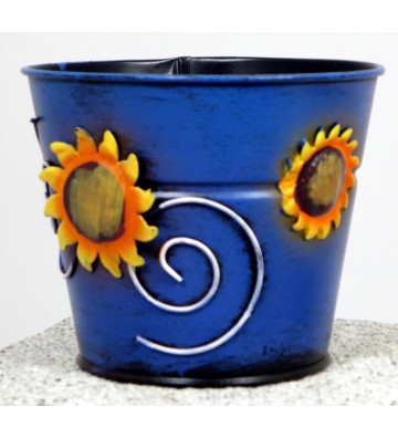 Blumenübertopf aus Metall blau mit Sonnenblumen ca. 11cm hoch