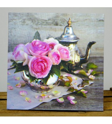 Bild "Rosenstrauß mit Teekanne" auf Holzrahmen ca. 20cm x 20cm