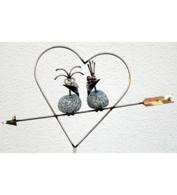Gartenstecker Steinvogel Pärchen im Herz auf Pfeil ca. 140cm aus Granit und Edelstahl