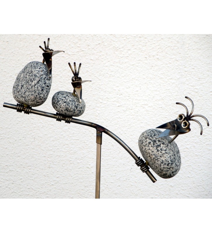Gartenstecker Wippe mit 3 Steinvögel aus Granit und Edelstahl ca. 110cm hoch